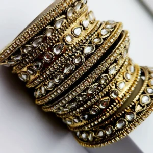 Antique Gold Kundan Broad Bangles