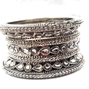 Silver Kundan Broad Bangles