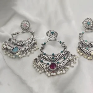 Oxidized Silver Chandbali Earrings with Pearl Drops - Image 6