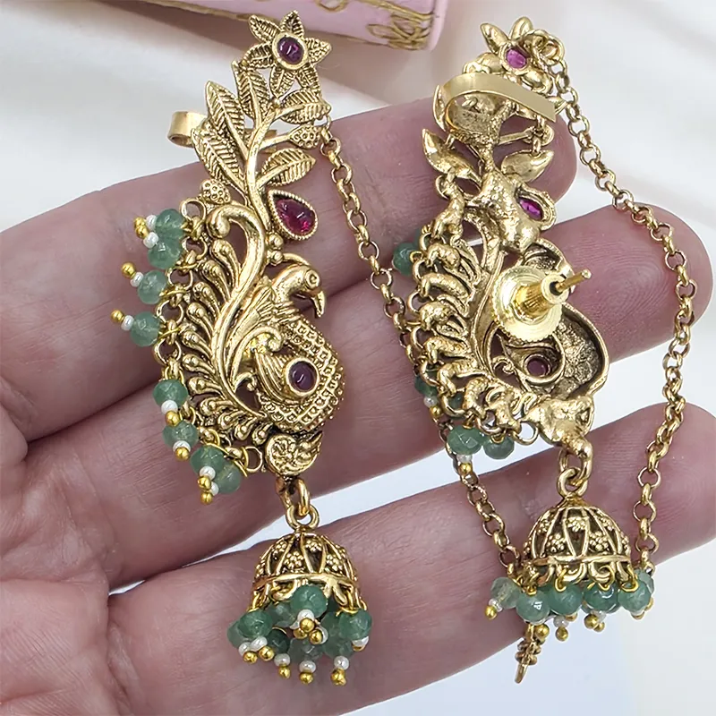 Gold Peacock Jhumka Earcuff Earrings - Image 4
