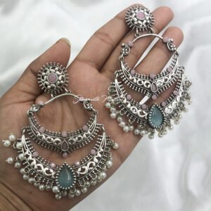 Oxidized Silver Chandbali Earrings with Pearl Drops - Image 3