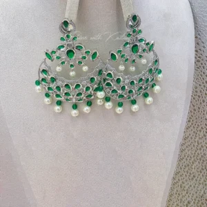 Pearl Chandbali Statement Earrings, Green - Image 4