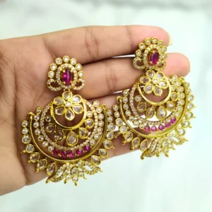 Long Kundan & Stone Chandbali, Pink - Image 4