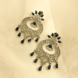 Midnight Sapphire CZ Chandbali Silvery Earrings