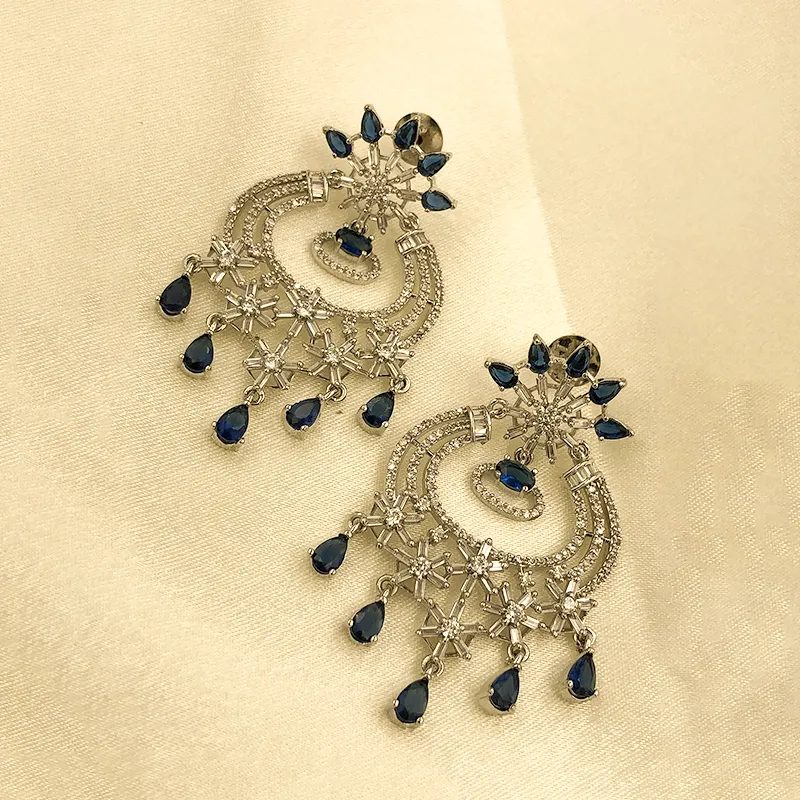 Midnight Sapphire CZ Chandbali Silvery Earrings