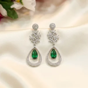 Long Drop CZ & Stone Earrings, Green