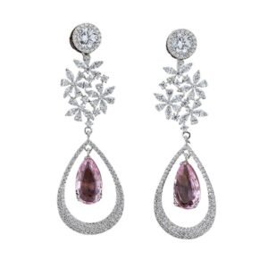 Long Drop CZ & Stone Earrings, Green - Image 4