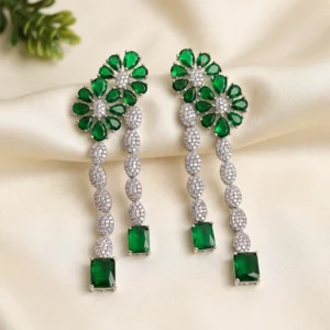 Emerald Bloom CZ Floral Drop Long Earrings
