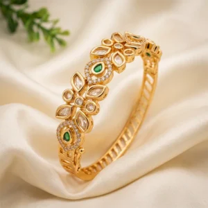 Emerald Kundan Floral Openable Cuff Bangle