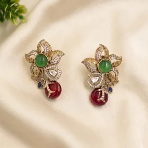 Floral Polki Stud Earrings with Green & Ruby Stone