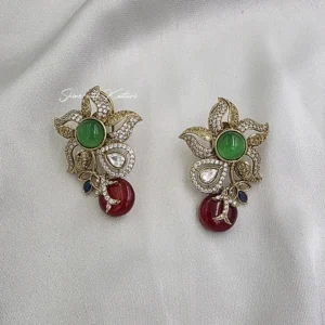 Floral Polki Stud Earrings with Green & Ruby Stone - Image 3