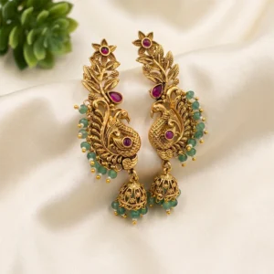 Gold Peacock Jhumka Earcuff Earrings