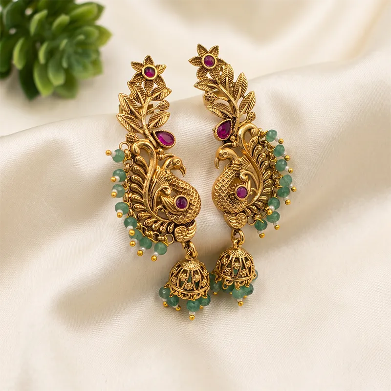 Gold Peacock Jhumka Earcuff Earrings