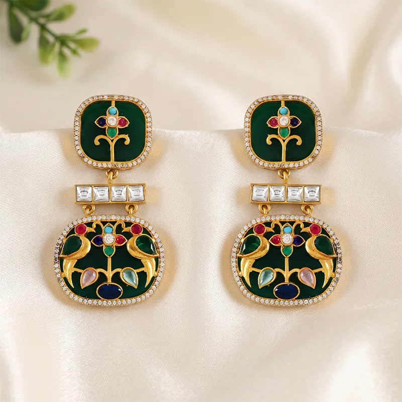 Mayura Heritage Enamel Statement Earrings, Green