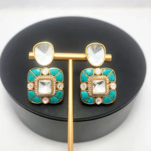 Alternative view of Turquoise Square Shape Statement Kundan Earrings