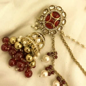 Kundan Jhumka Pearl Ear Chain, Ruby - Image 3