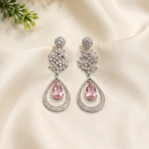 Long Drop CZ & Stone Earrings, Pink