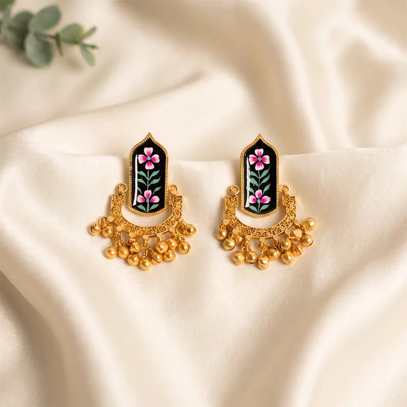 Floral Meenakari Ghungroo Statement Earrings, Black