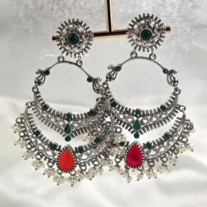 Oxidized Silver Chandbali Earrings with Pearl Drops - Image 5