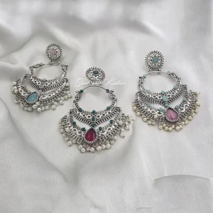 Oxidized Silver Chandbali Earrings with Pearl Drops - Image 4