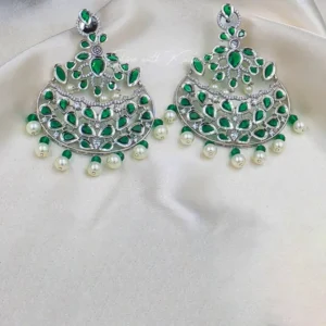 Pearl Chandbali Statement Earrings, Green - Image 3