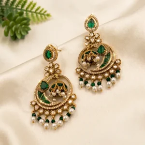 Royal Pearl Chandbali Statement Earrings in Green