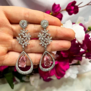 Long Drop CZ & Stone Earrings, Pink - Image 3
