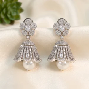 Luxury Crystal Floral Jhumka Earrings with Pearl Drop