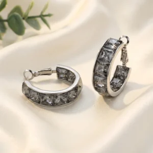 Premium Crystal Hoop Earrings, Grey