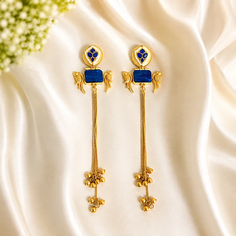 Long Kashmiri Stone Jhumka, Blue