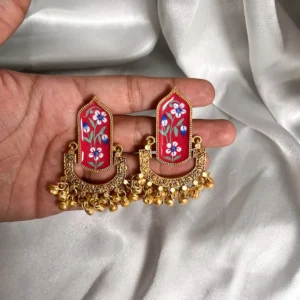 Floral Meenakari Ghungroo Earrings, Red - Image 3