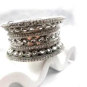 Silver Kundan Broad Bangles - Image 3