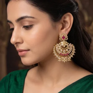 Alternative view of Long Kundan & Stone Chandbali, Pink