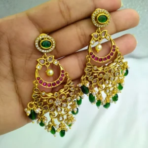 Emerald Stone Drop Chandbali Earrings - Image 3