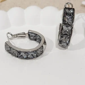 Premium Crystal Hoop Earrings, Grey - Image 4