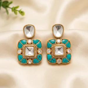 Turquoise Square Shape Statement Kundan Earrings