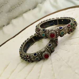 Alternative view of Antique Finish Oxidised Silver Bangle, Pink Stones