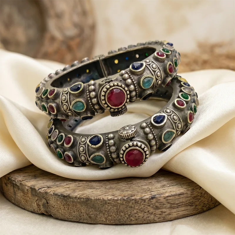 Antique Finish Oxidised Silver Bangle, Pink Stones