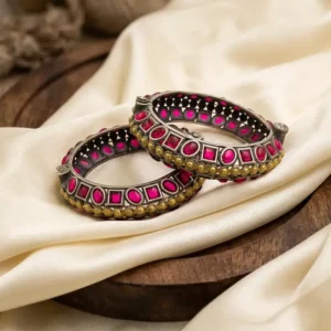 Broad Oxidised Kundan Bangles with Pink Stones