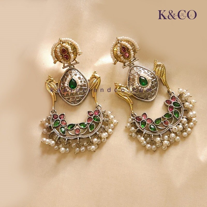 Chandbali Earrings with Peacock, Green