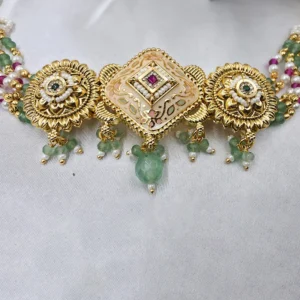 Antique Finish Kundan Emerald Drop Earrings - Image 5