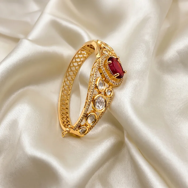 Glow Kundan CZ Openable Bangle, Ruby