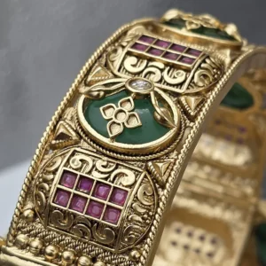 Gold Kada Bangles Design with Green & Ruby Stones - Image 3