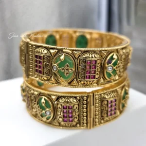 Alternative view of Gold Kada Bangles Design with Green & Ruby Stones