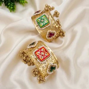 Royal Kundan Meenakari Pearl-Edged Gold Cuff Bangles