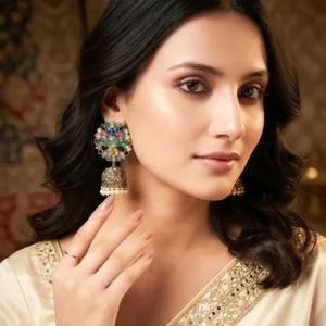 Alternative view of Multicolour Kundan Oxidised Silver Jhumka Earrings