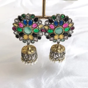 Multicolour Kundan Oxidised Silver Jhumka Earrings