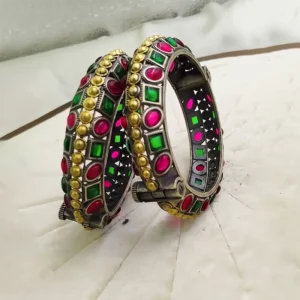 Alternative view of Oxidised Silver Kundan Bangle with Stones