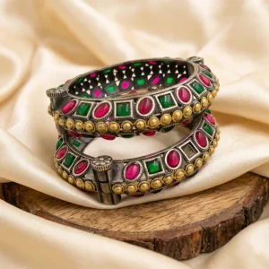 Oxidised Silver Kundan Bangle with Stones