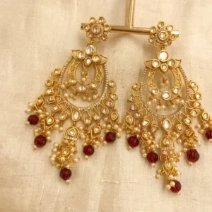 Royal Kundan Chandbali Earrings with Ruby Bead Drops - Image 3